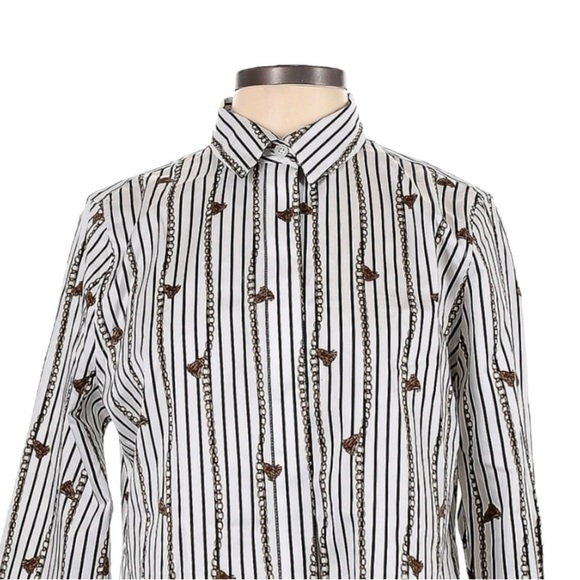 Chico’s No Iron Blouse Size XL White Chain Tassel Stripe Print Popover Top - Picture 3 of 10